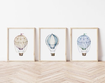 Blue Hot Air Balloon Printed art print,  Printed and shipped Watercolor Hot Air Balloon printed on high archival paper Set of 3 HBA02