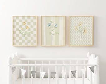 Vintage Floral Nursery Wall Art Sage Green Botanical Prints Cottagecore Baby Room Girl Bedroom Daisy Flower Gallery Wall Decor XVBP3-A3