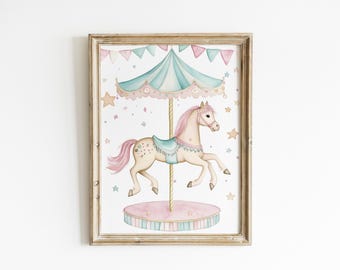 May include: Watercolor print of a carousel horse in a wooden frame. The horse is cream-colored with a pink mane and tail, and a teal saddle. The carousel has a teal and pink canopy, and is decorated with stars and confetti.
