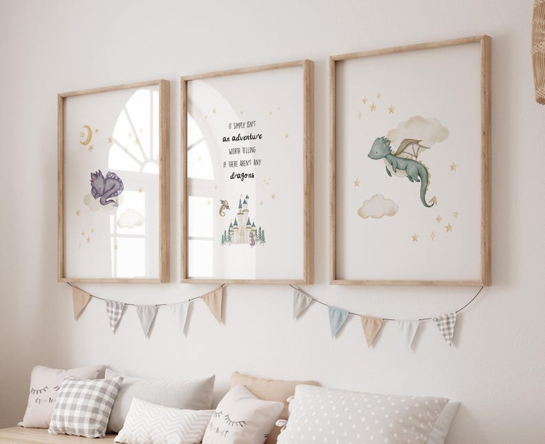 Fantasy Dragon Nursery Wall Art Storybook Baby Room Decor Watercolor ...