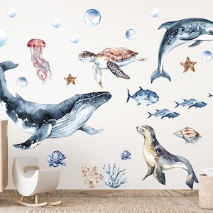 Sea World Ocean Fabric or vinyl wall decal Set for kids room underwater nursery peel and stick ocean wall decals include, whale turtle shark image 2