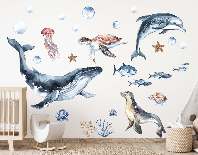 Sea World Ocean Fabric or vinyl wall decal Set for kids room underwater nursery peel and stick ocean wall decals include, whale turtle shark image 2