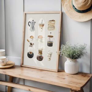 a wooden bench with a framed print of coffee-related illustrations on it, along with a vase of greenery and a straw hat on a shelf.