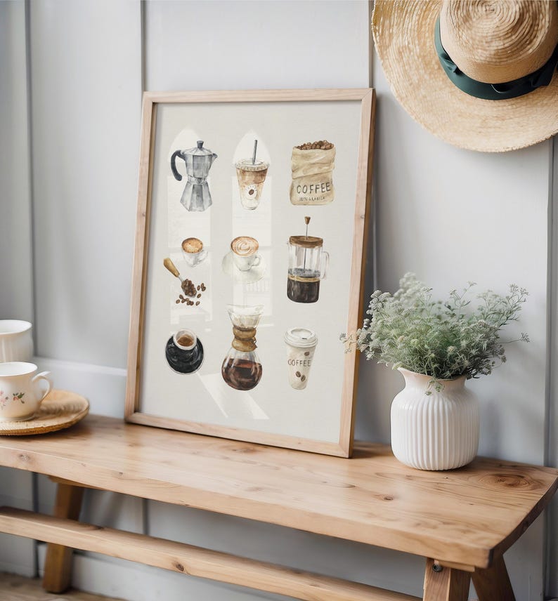 a wooden bench with a framed print of coffee-related illustrations on it, along with a vase of greenery and a straw hat on a shelf.