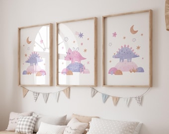 Pink Dinosaur Printed art print, Purple Dinosaur Printed and shipped Watercolor Dino Girl Art printed on high archival paper Set of 3 PD1-A3