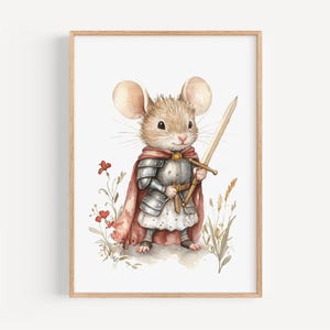 A mouse dressed in medieval armor, holding a sword, stands in a field with flowers.