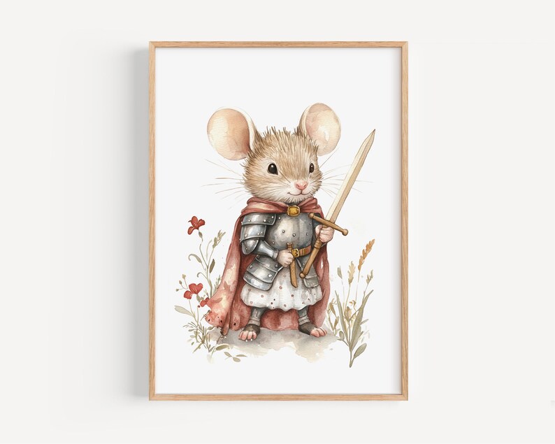 A mouse dressed in medieval armor, holding a sword, stands in a field with flowers.