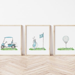 Boy Golf Nursery PRINTED art prints blue golf theme nursery art Printed Watercolor golf theme print set high archival paper Set of 3 GP01-A3