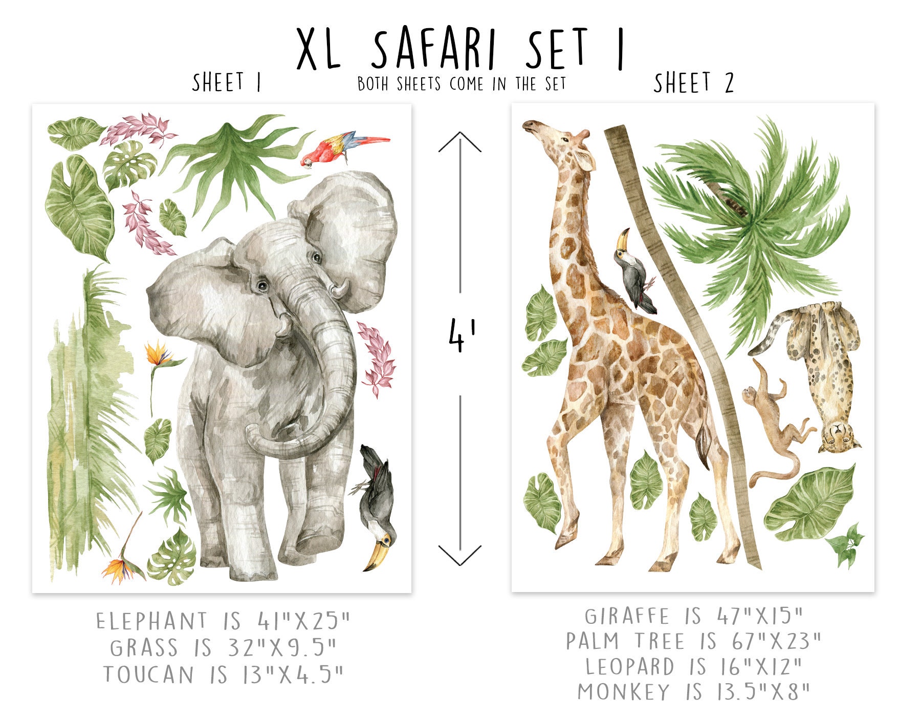 XL Safari Fabric Wall Decal Set for Kids, Safari Animals, Wall Decal ...