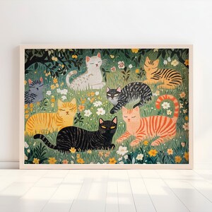a painting of cats in a field of flowers