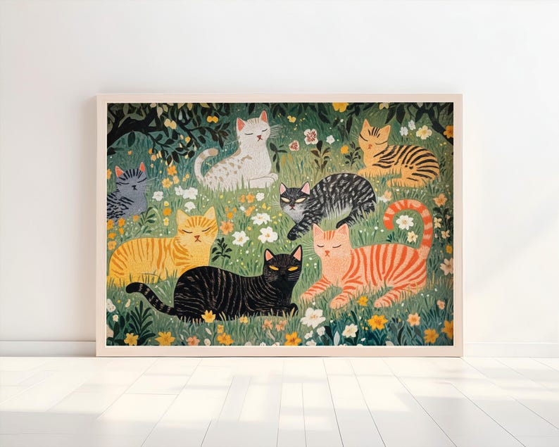 a painting of cats in a field of flowers