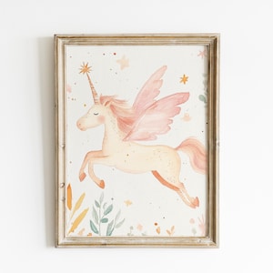 Unicorn Nursery Wall Art Pink Unicorn Print Girls Room Decor Pastel Whimsical Nursery Artwork Fairytale Wall Art Soft Pink Nursery WPF32-A1