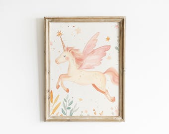 Unicorn Nursery Wall Art Pink Unicorn Print Girls Room Decor Pastel Whimsical Nursery Artwork Fairytale Wall Art Soft Pink Nursery WPF32-A1