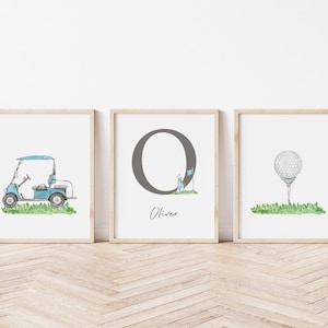Personalized Boy Golf Nursery PRINTED art prints blue golf theme nursery art Printed Watercolor golf theme print Set of 3 GP02-A3