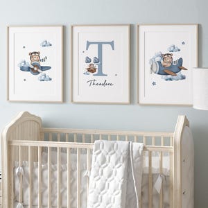 Personalized Bear Plane Nursery Art PRINTED art prints, blue nursery art bear nursery decor blue bear theme nursery Set of 3  FH6-A3