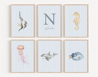 Personalized Ocean Nursery Wall Art Custom Baby Name Sign Blue Stripe Sea Life Prints Dolphin Seahorse Shark Coastal Nursery PEO2-A6