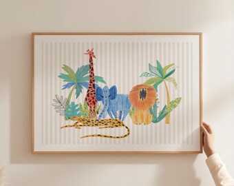 Colorful Jungle Animal Nursery Wall Art Safari Lion Giraffe Elephant Print Tropical Kid Room Decor Striped Baby Playroom Gallery Art CPS3-A1