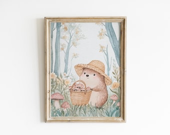 Whimsical Nursery Wall Art Hedgehog Children's Illustration Watercolor Mushroom Art Print Woodland Nursery Decor Printed and Shipped WPF6-A1