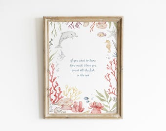 Count All The Fish Nursery Wall Art Ocean Quote Under The Sea Baby Room Dolphin Seahorse Coastal Kids Bathroom Sea Life Wall Art PEO8-A1