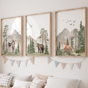 Woodland Nursery wall art PRINTED VERSION, Mountain wall art, tree nursery decor Forest nursery- Nursery Prints Watercolor Woodland- W05 image 4