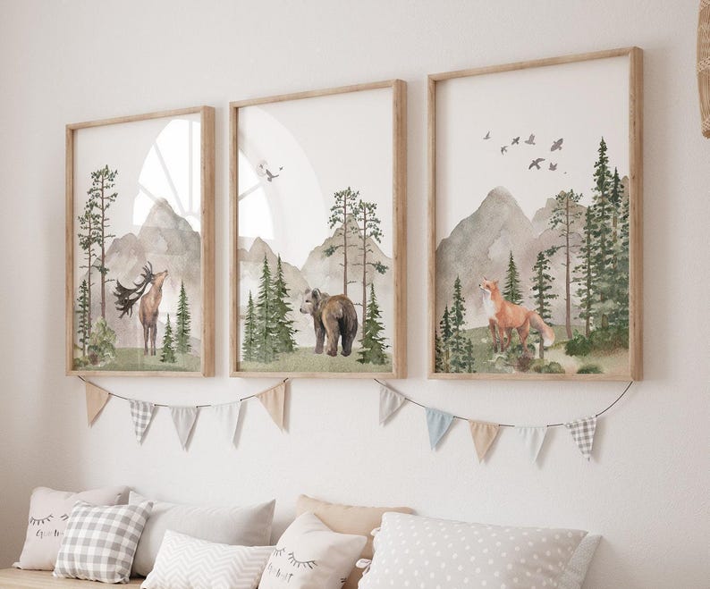 Woodland Nursery wall art PRINTED VERSION, Mountain wall art, tree nursery decor Forest nursery- Nursery Prints Watercolor Woodland- W05 image 4