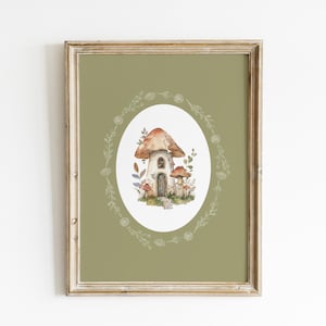 Whimsical Mushroom House Nursery Wall Art Green Floral Nursery Print Kids Fairytale Room Decor Woodland Nursery Boho Mushroom Print VAP13-A1