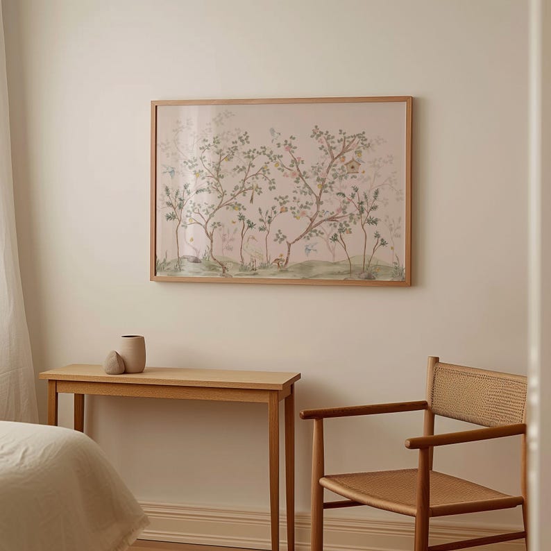 a serene and cozy bedroom scene, featuring a wooden bed frame, a small wooden table, and a woven chair. Above the bed, there is a framed picture of a tree with a pink and green background, adding a touch of nature to the room.