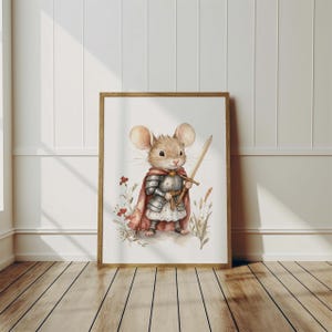 A framed illustration of a mouse dressed as a knight, holding a sword and standing in a field with flowers.