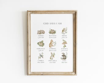 God Says I am Animal Art For Kids Room Decor Woodland Nursery Art Christian Home Decor Flower Art Scripture Wall Art Baby Shower Gift BRM20
