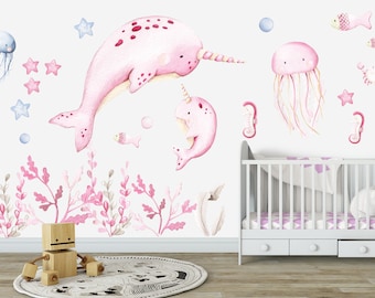 Under the Sea PINK Fabric Wall Decal set for your nursey, no sticky residue and its repositionable!