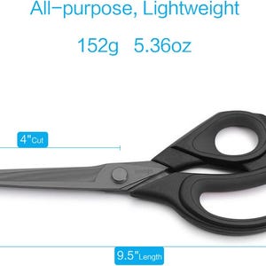 May include: Black scissors with a 4-inch cut and a 9.5-inch length. The scissors weigh 5.36 ounces.