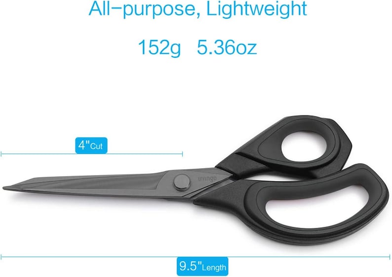 May include: Black scissors with a 4-inch cut and a 9.5-inch length. The scissors weigh 5.36 ounces.
