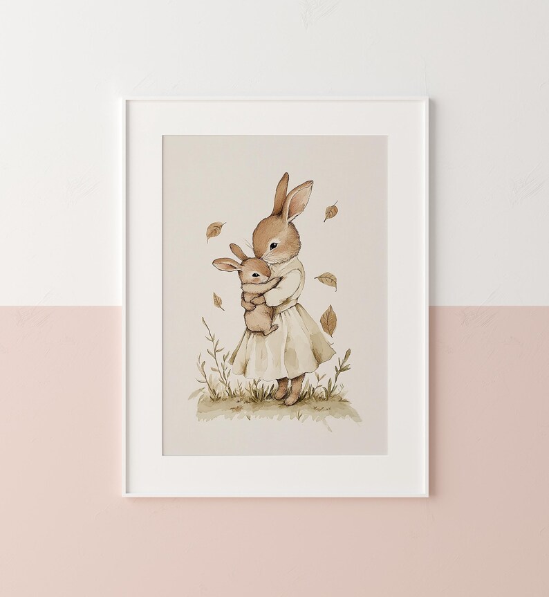 a painting of a bunny holding a baby bunny
