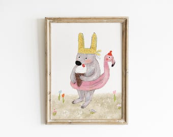 Summer Bunny Nursery Wall Art Pastel Woodland Bunny Print Pool Ice Cream Kids Room Decor Cute Animal Nursery Baby Room Illustration SRY13-A1
