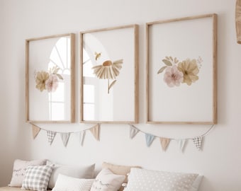 BOHO Flower Printed art print,  Pastel Boho Printed and shipped Watercolor boho neutral printed on high archival paper Set of 3 VB2-A3