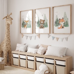 Woodland Nursery kunst aan de muur GEDRUKT VERSIE, Bear Wall art, Forest kwekerij Kwekerij Prints Aquarel Woodland W04 afbeelding 2