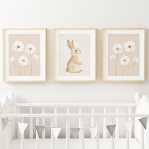 Floral Bunny Nursery art Watercolor art girl nursery bunny art neutral nursery Printed and shipped on high archival paper Set of 3 BEM15-A3