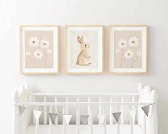 Floral Bunny Nursery art Watercolor art girl nursery bunny art neutral nursery Printed and shipped on high archival paper Set of 3 BEM15-A3