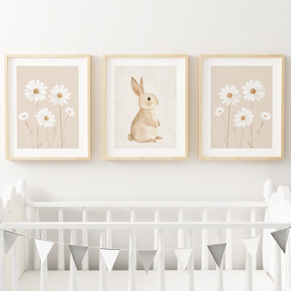 Floral Bunny Nursery art Watercolor art girl nursery bunny art neutral nursery Printed and shipped on high archival paper Set of 3 BEM15-A3