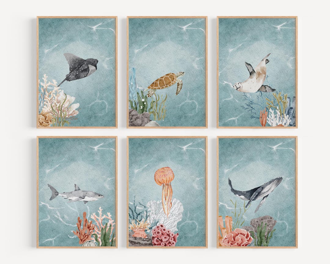 Under the Sea Nursery Wall Art Soft Blue Baby Room Decor Ocean Animal ...