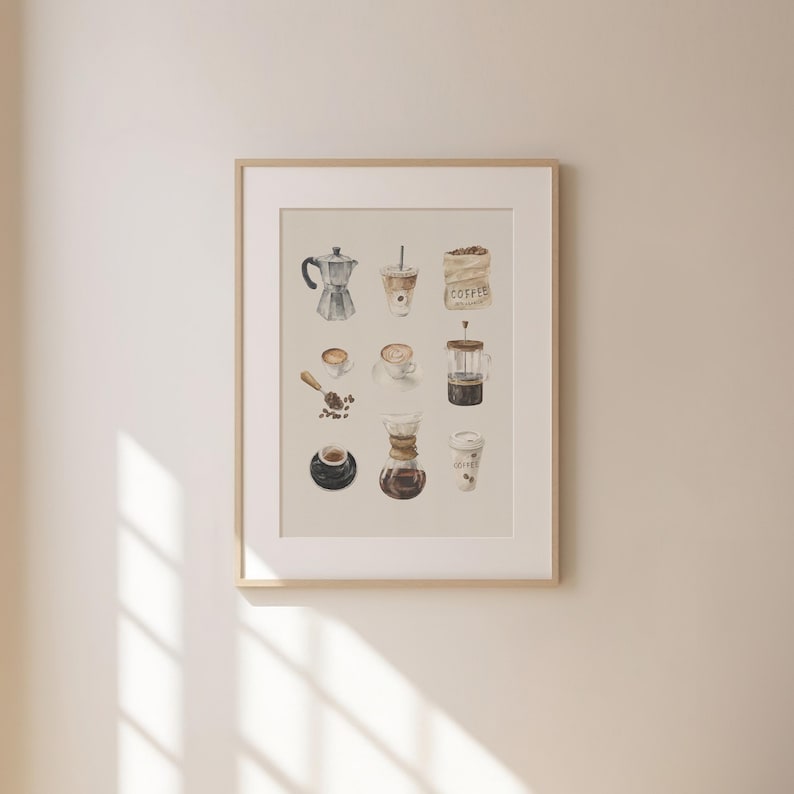 The image is a framed print of various coffee-related items, including a coffee pot, coffee cup, coffee beans, and other coffee-related objects, all arranged in a grid-like pattern.