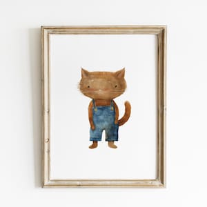 Whimsical Orange Cat Nursery Wall Art Children’s Illustration Cat Wearing Overalls Print Funny Kids Illustration Kids Room Wall Art KID5-A1
