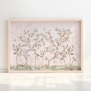 a large, framed painting depicting a serene landscape with trees, birds, and a birdhouse.
