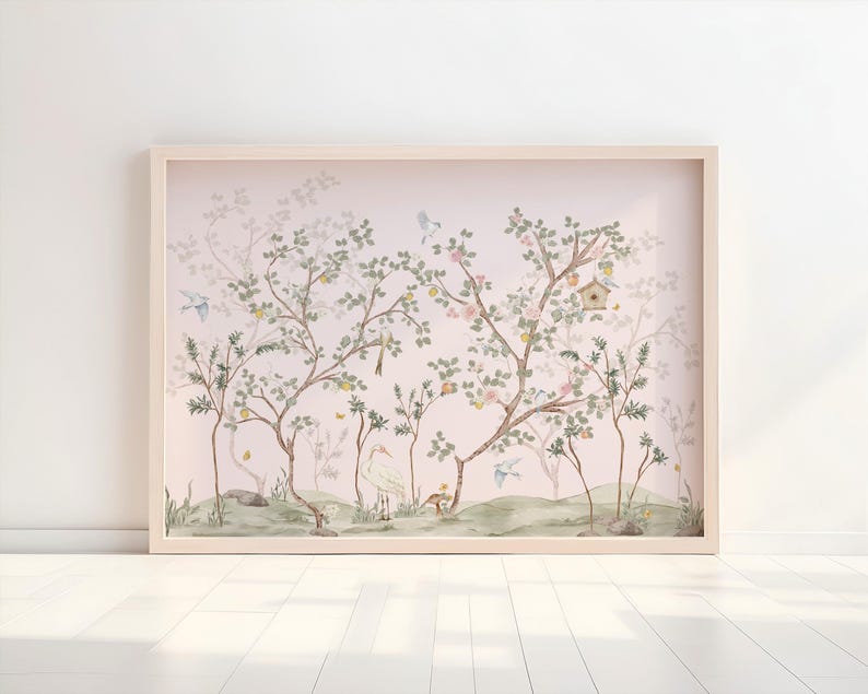 a large, framed painting depicting a serene landscape with trees, birds, and a birdhouse.