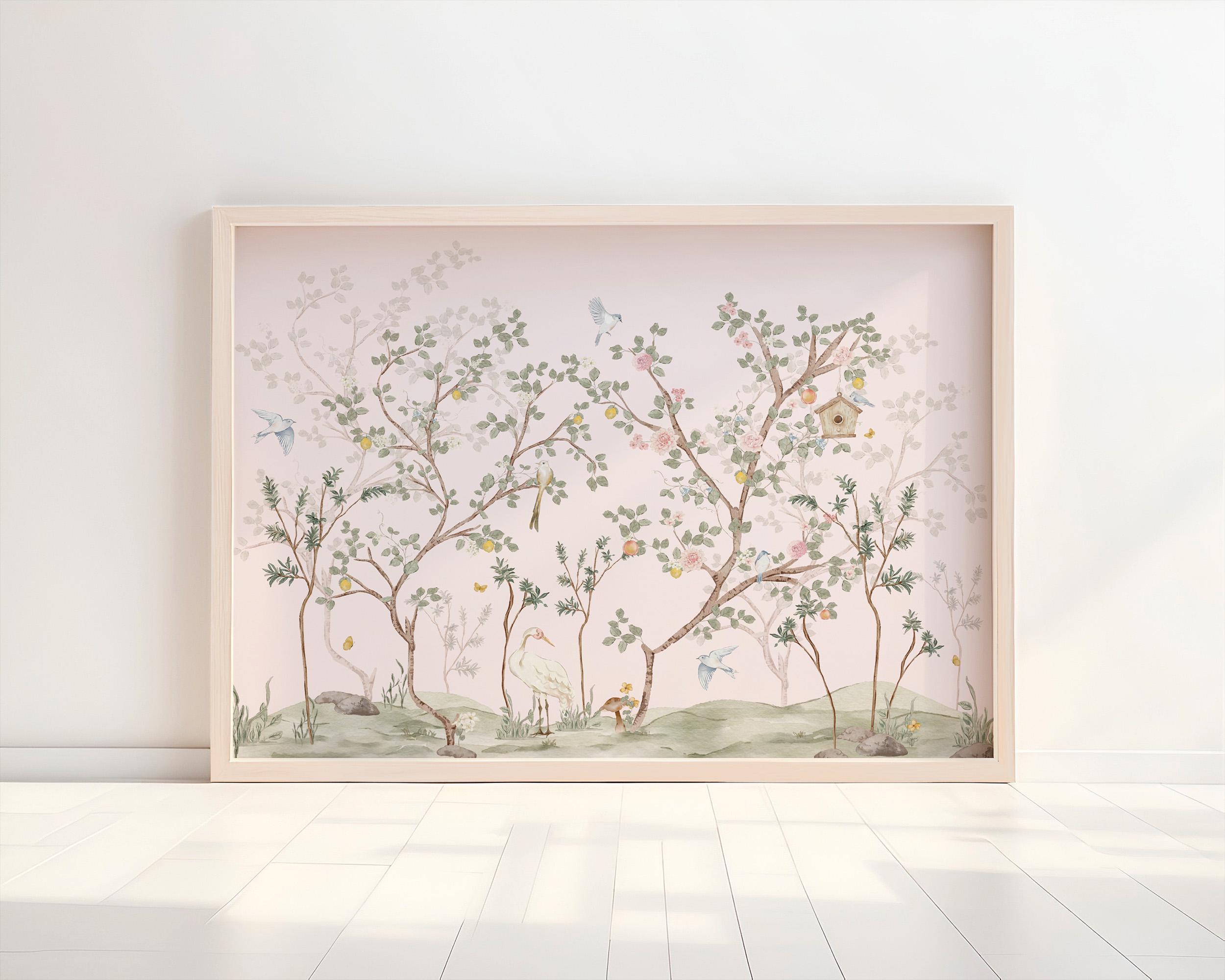 Woodland Girl Nursery Wall Art Soft Pink Storybook Artwork Chinoiserie ...