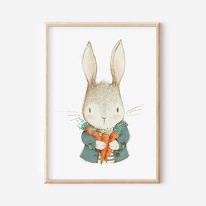 Vintage Rabbit Nursery Art Printed and shipped bunny art print rabbit watercolor print blue nursery printed on high archival paper VBR1-A1