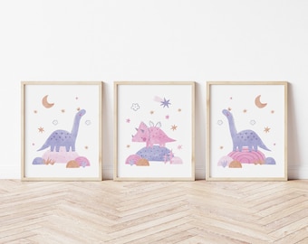 Pink Dinosaur Printed art print, Purple Dinosaur Printed and shipped Watercolor Dino Girl Art printed on high archival paper Set of 3 PD2-A3