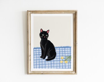 Black Cat Kitchen Wall Art Blue Gingham Pet Print Cottagecore Breakfast Nook Art Yellow Tulips Poster Whimsical Dining Room Art PCD8-A1