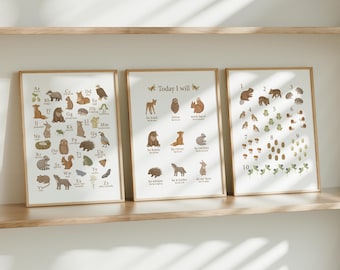 Woodland Alphabet Nursery forest animals art woodland nursery educational alphabet and numbers posters Printed and Shipped Set of 3 TIW1-A3