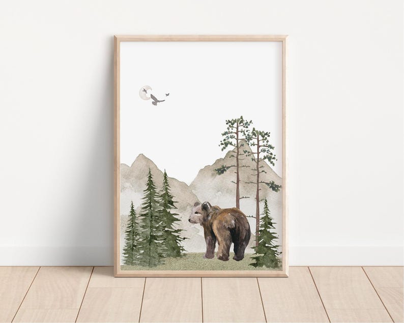 Woodland Nursery wall art PRINTED VERSION, Mountain wall art, tree nursery decor Forest nursery- Nursery Prints Watercolor Woodland- W05 image 6